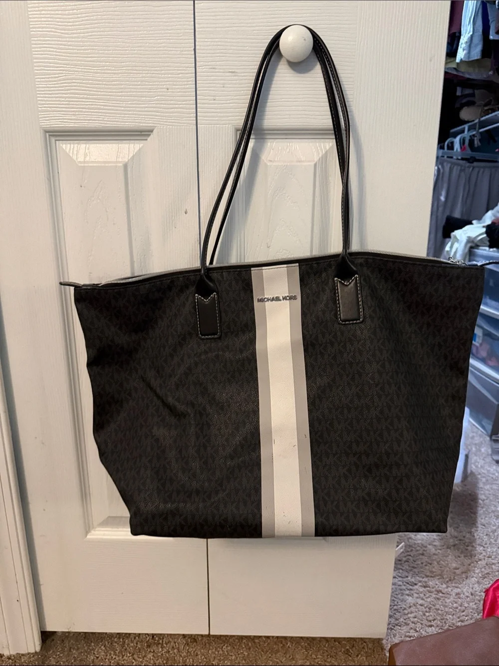 Michael Kors Black Tote with White Center Stripe